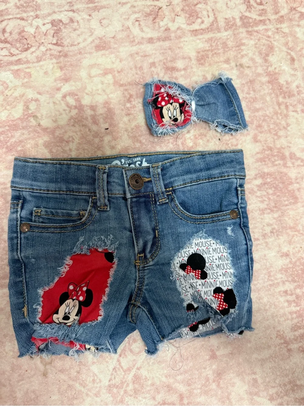 OshKosh B'gosh Denim Minnie Mouse Patch Shorts in Blue and Red
